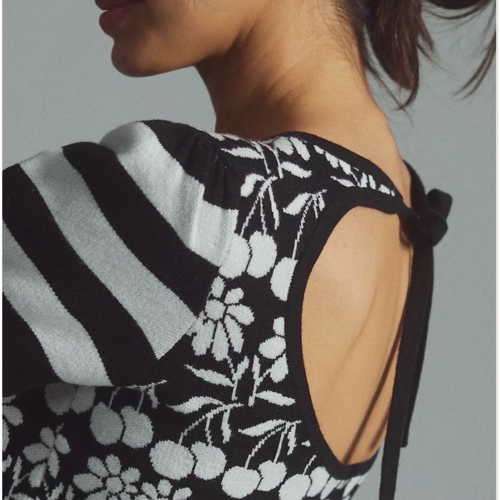 Maeve Black and White Floral & Cherry Knit Tie-Back Crop Top